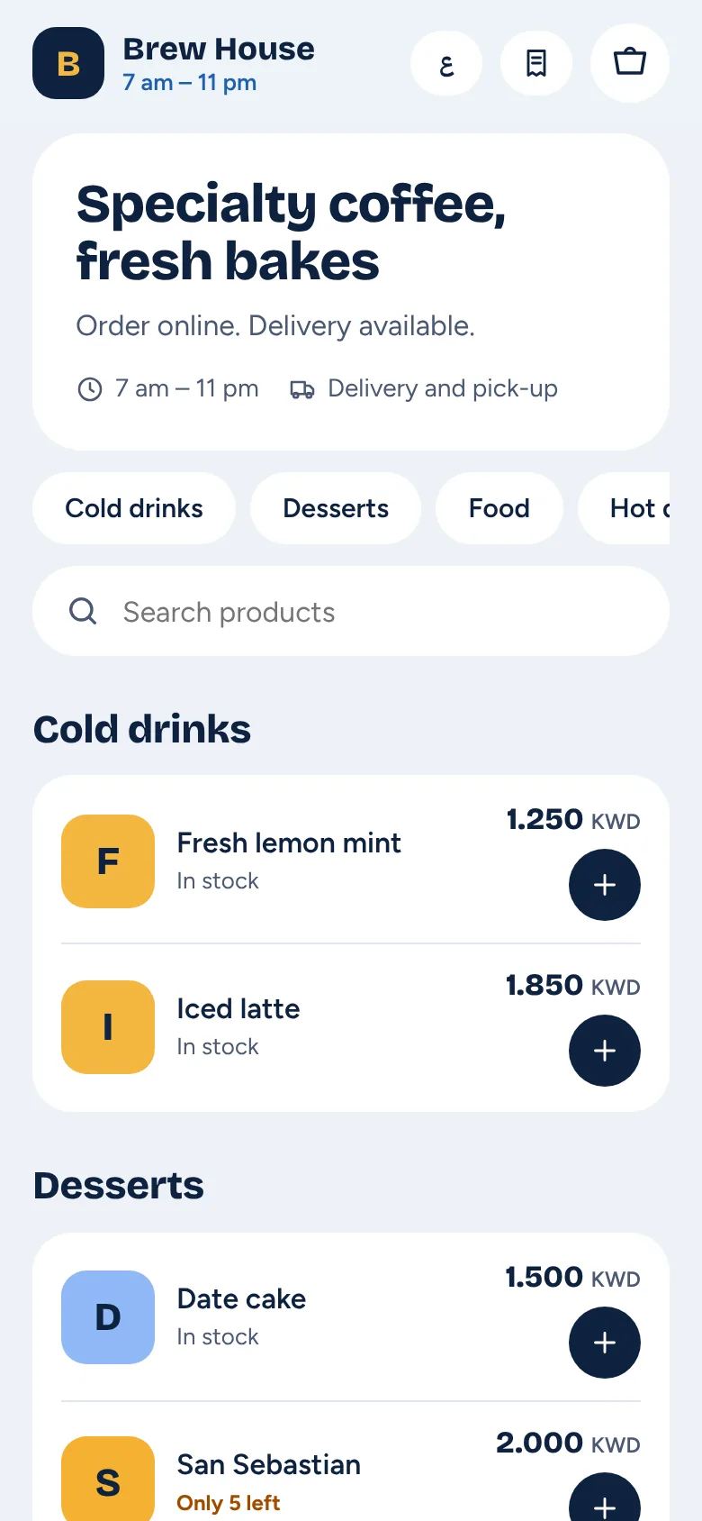A café's PosWave web shop on a phone, with its menu and delivery details
