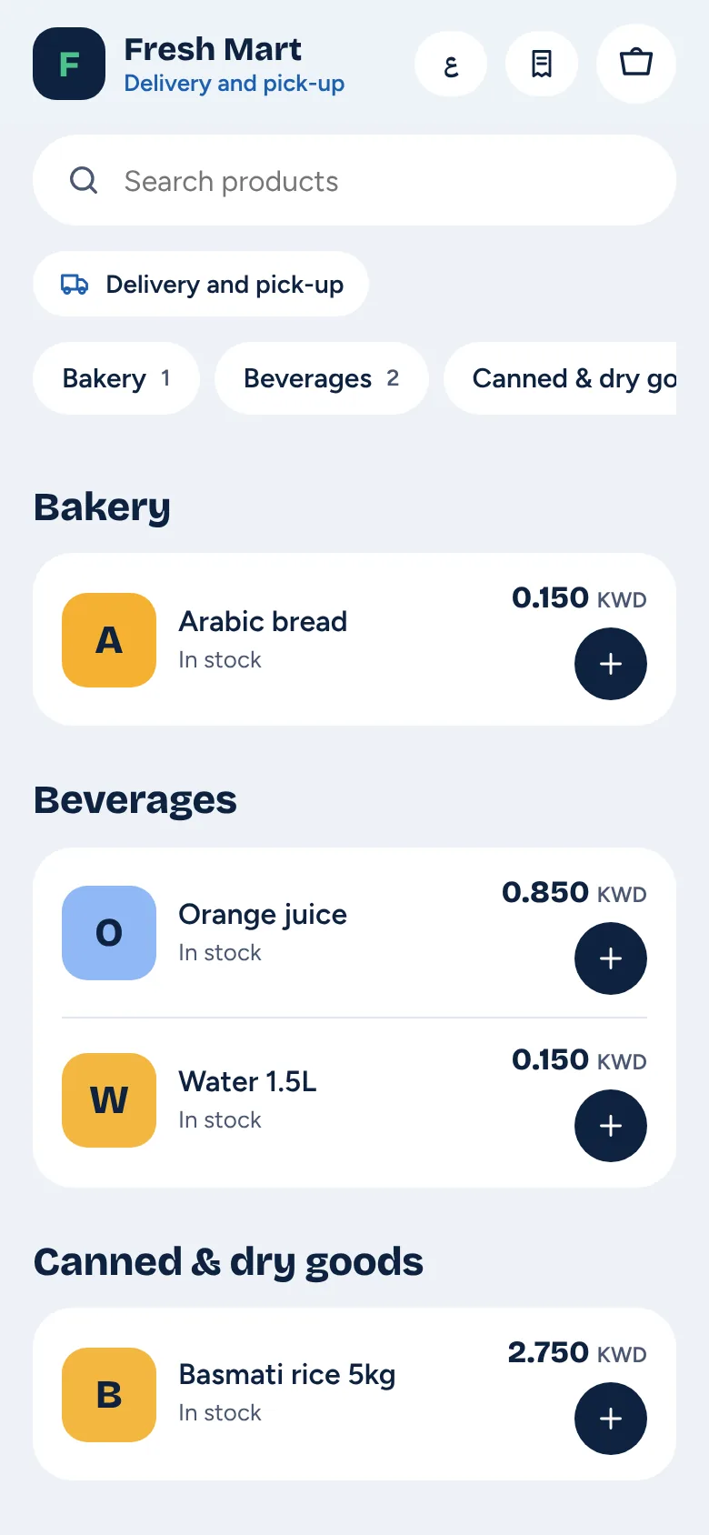 A grocery's PosWave web shop on a phone, with categories and a basket