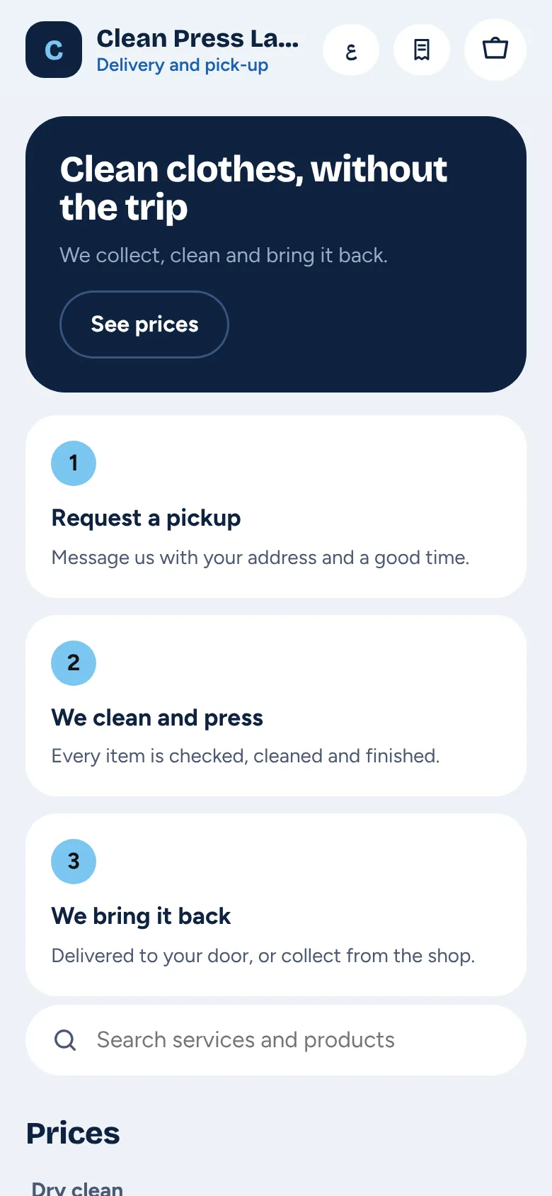 A laundry's PosWave web shop on a phone, with a Request a pickup button