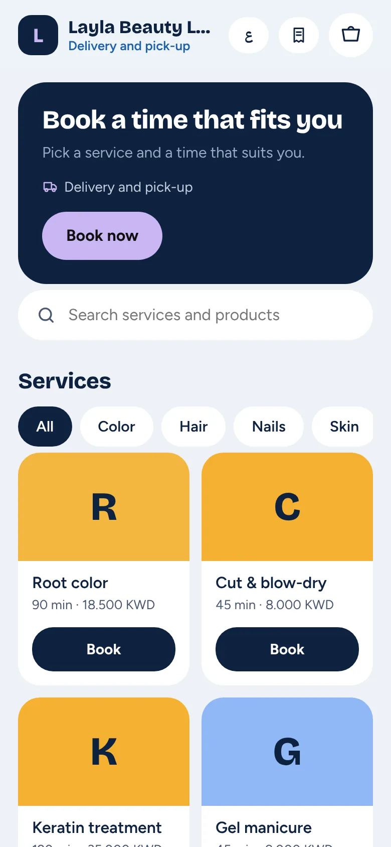 A salon's PosWave booking page on a phone, with services and Book buttons
